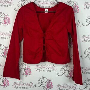 Twik long sleeve ribbon tie up front shirt v neck Bold Red Blouse